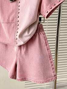 兒童青少年女孩休閒復古時尚個性化短袖T恤與短褲兩件套，適合日常、街頭、校園、外出穿著 - 彩色 - 查看 4