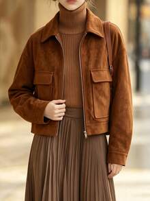 SHEIN Women's Fashion Loose Fit Lapel Drop Shoulder Long Sleeve Patch Pocket Zipper Jacket - Brown - View 4