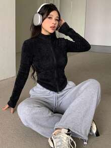 DAZY 秋冬韓系毛絨刷毛修身休閒街頭風運動衛衣外套 女款黑色夾克外套 - 黑色 - 查看 3