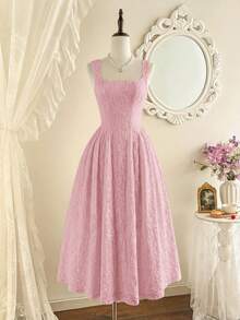 Vintamour Women's Summer Elegant Solid Color Lace Sleeveless Midi Dress - Baby Pink - View 1