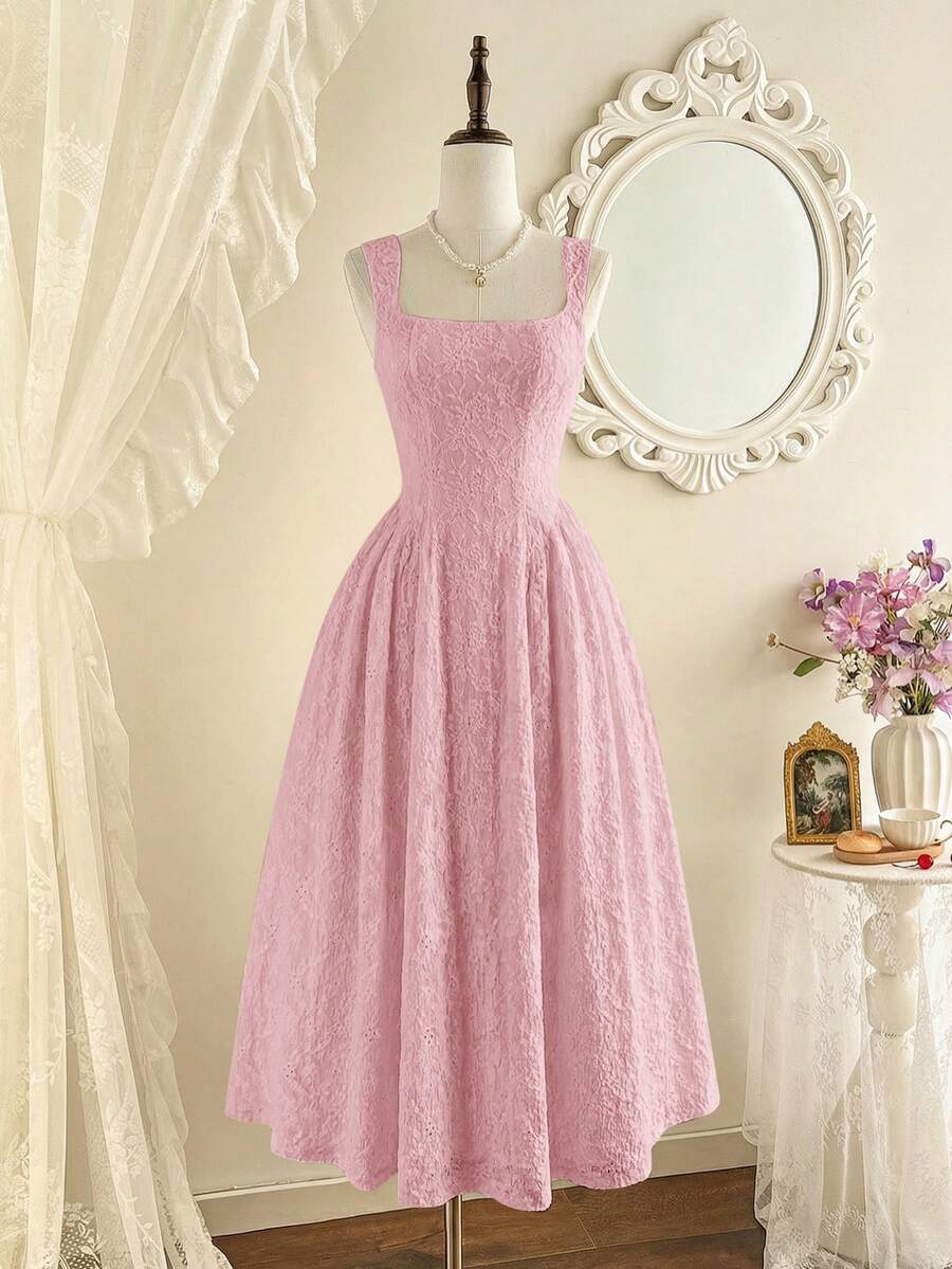 Vintamour Women's Summer Elegant Solid Color Lace Sleeveless Midi Dress - Baby Pink - View 1