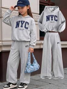 SHEIN Tween女孩秋冬休閒保暖內裡加厚衛衣套裝，紐約市印花，寬鬆圓領，落肩長袖連帽，搭配印花牙籤壓褶寬腿直筒運動褲，2件式運動衛衣套裝，麻灰色 - 灰色 - 查看 2