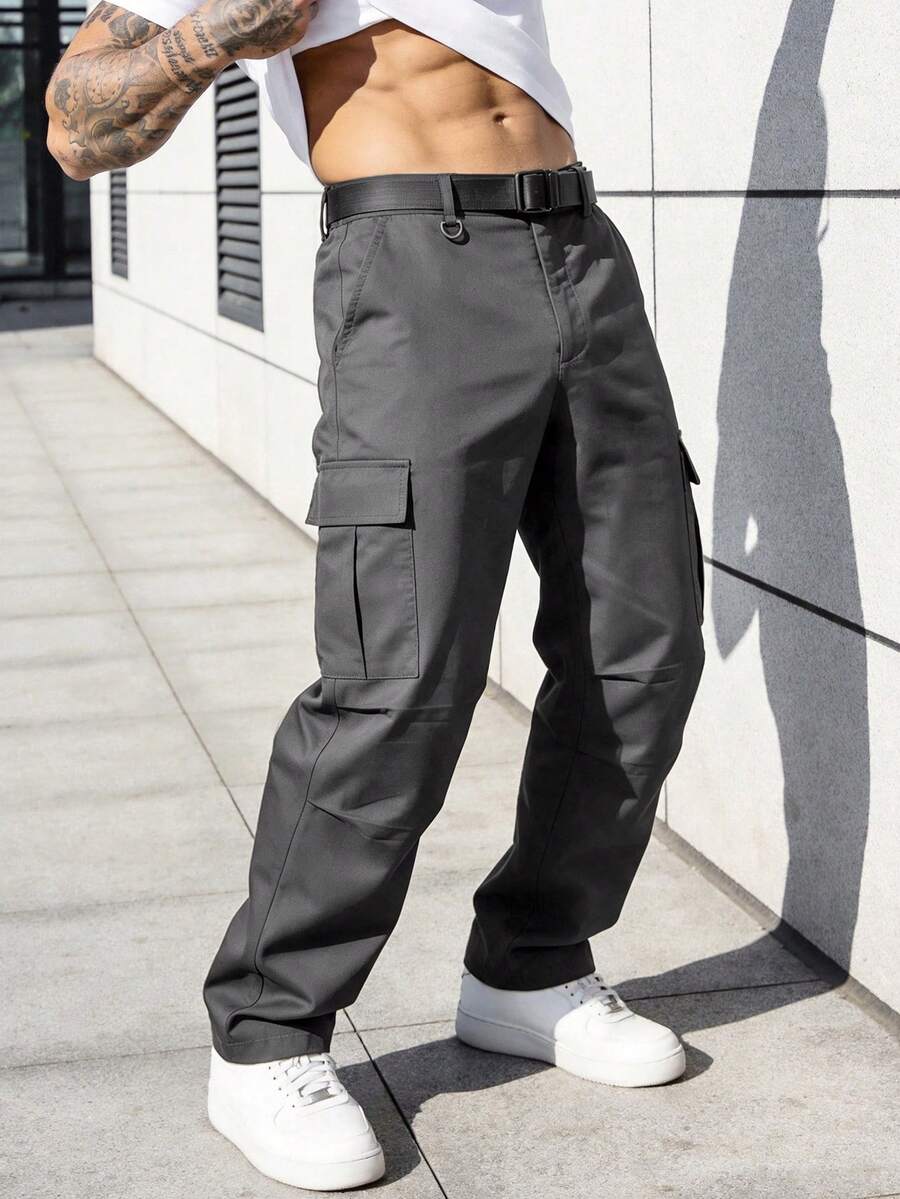 Manfinity Homme 男士黑色長褲 多口袋工裝褲 寬鬆休閒百搭時尚長褲 - 深灰色 - 查看 1