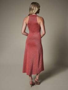 KSTM Halter Neck Lurex Knit Midi Dress With Racerback Detail Sleeveless Bodycon Silhouette Evening Party Occasion - Redwood - View 2