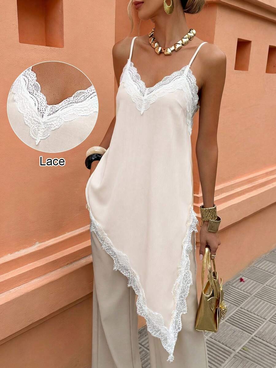 Flora Isola Flora Isola Standard Size Women's Spring/Summer Spaghetti Strap Lace Trim Patchwork Asymmetrical Hem Exquisite Elegant Camisole Blouse - Apricot - View 1