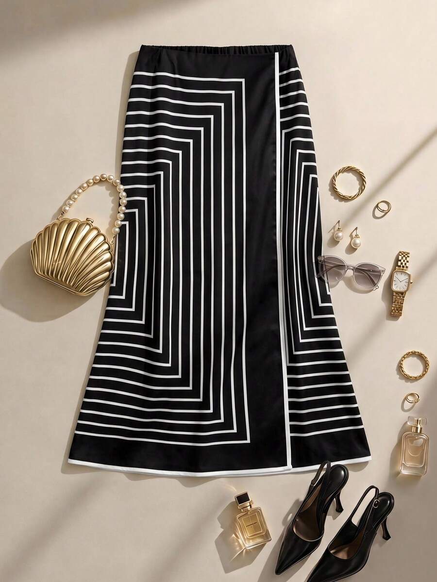 Formidée Plus Size Black & White Striped A-Line Skirt, Summer Fall - Black - View 1