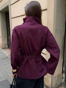 Aloruh Minimalist Commuter Versatile Plum Purple Lace-Up Stand Collar 2-In-1 Fitted Waist Long Sleeve Short Overcoat For Women - Red Violet - View 5