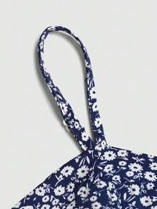 SHEIN Tween Girl Navy Ditsy Floral Dress, Suitable For Vacation, Teenage, Casual Wear - Blue and White - View 4