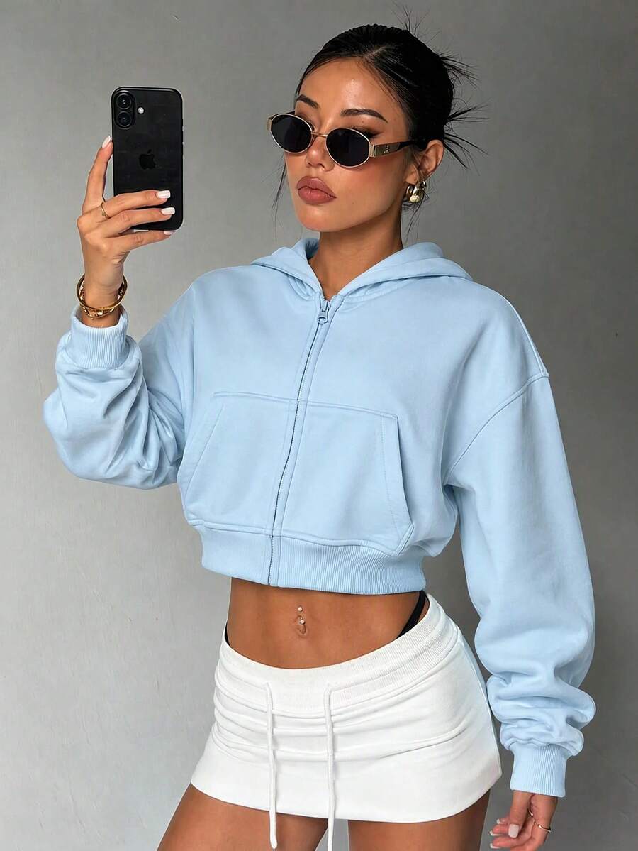 Sovereign Charm Women's Solid Color Drop Shoulder Long Sleeve Zip-Up Hooded Sweatshirt - Blue - View 1