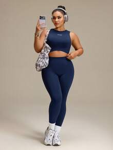 SHEIN Rhythm Era Women's Plus Size Seamless Letter Print Tank Top & Leggings Sports Set, Suitable For Workout, Yoga, Running - Navy Blue - View 5