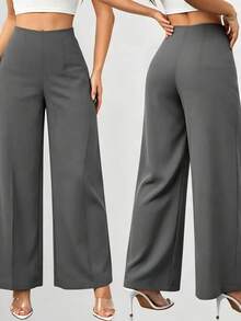 SHEIN PETITE 女款簡約休閒時尚返校季老錢風通勤高腰紋理寬腿長褲，商務休閒女裝，小個子女性適用 - 深灰色 - 查看 8