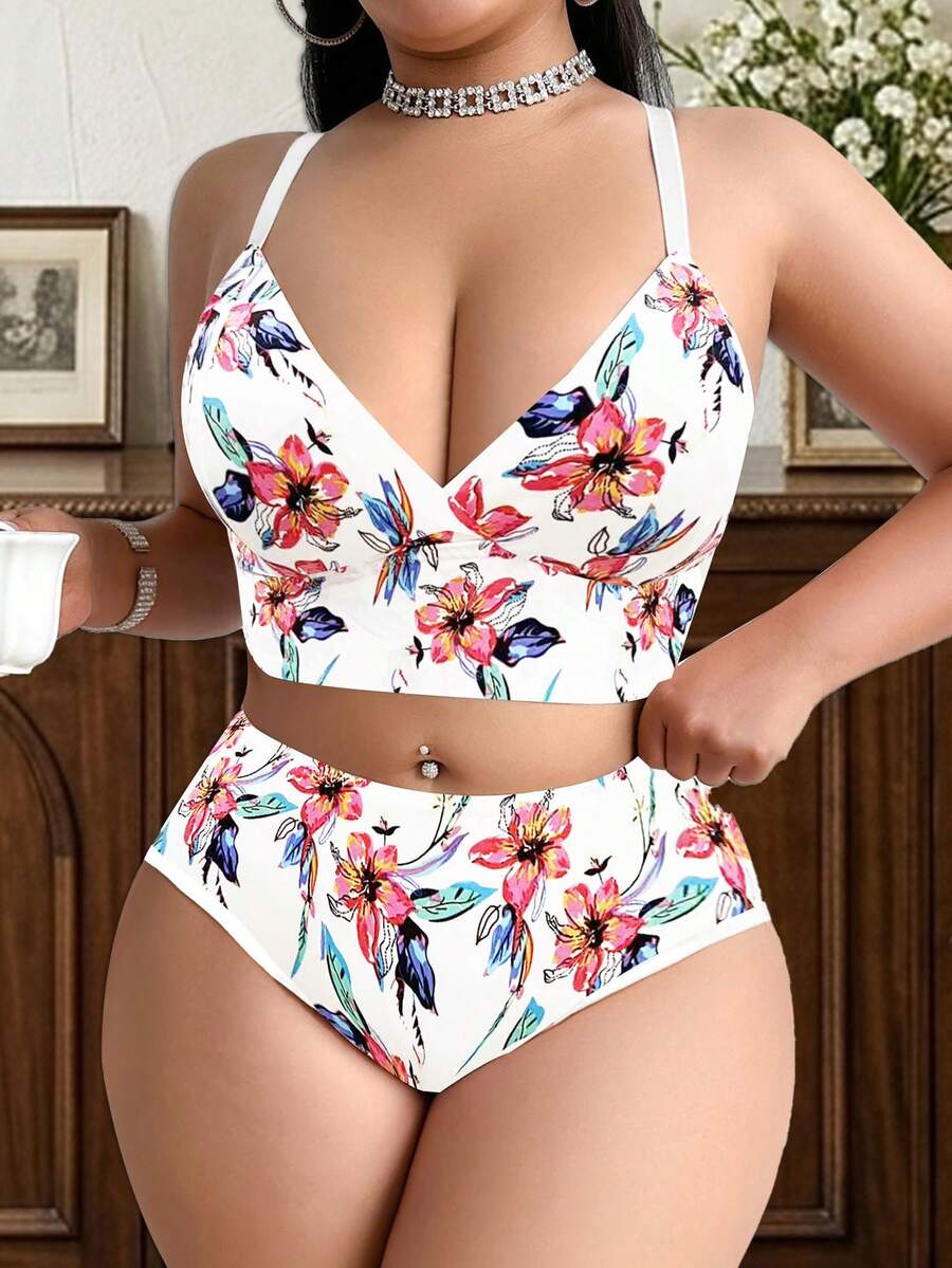 SHEIN 1件大尺碼花卉印花無鋼圈內衣 - 彩色 - 查看 1