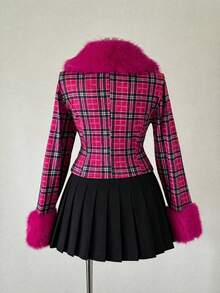 Sunspun Plus Size Fashion Plaid Fur Collar Jacket Fall - Multicolor - View 2