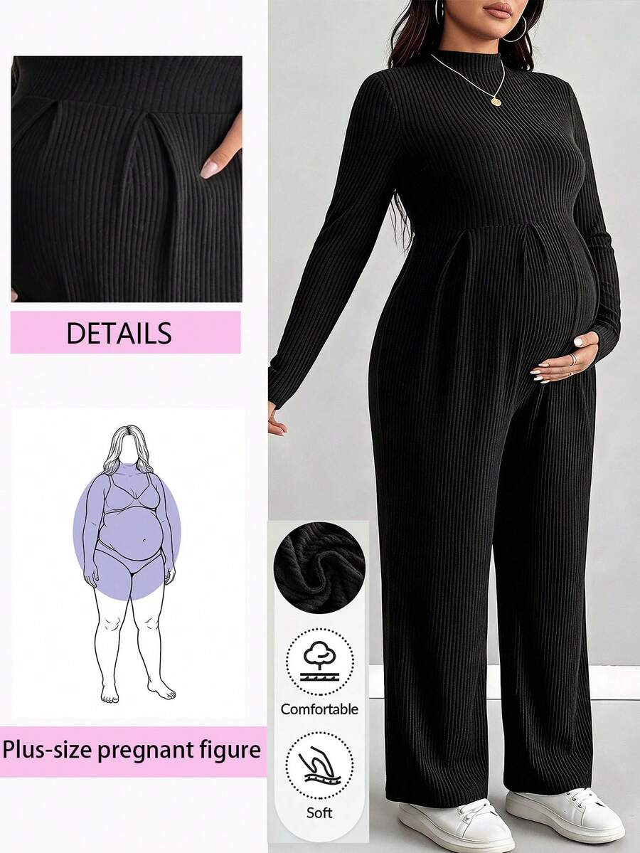 Plussiva Mono de maternidad de talla grande de unicolor de manga larga para otoño - Negro - Ver 1
