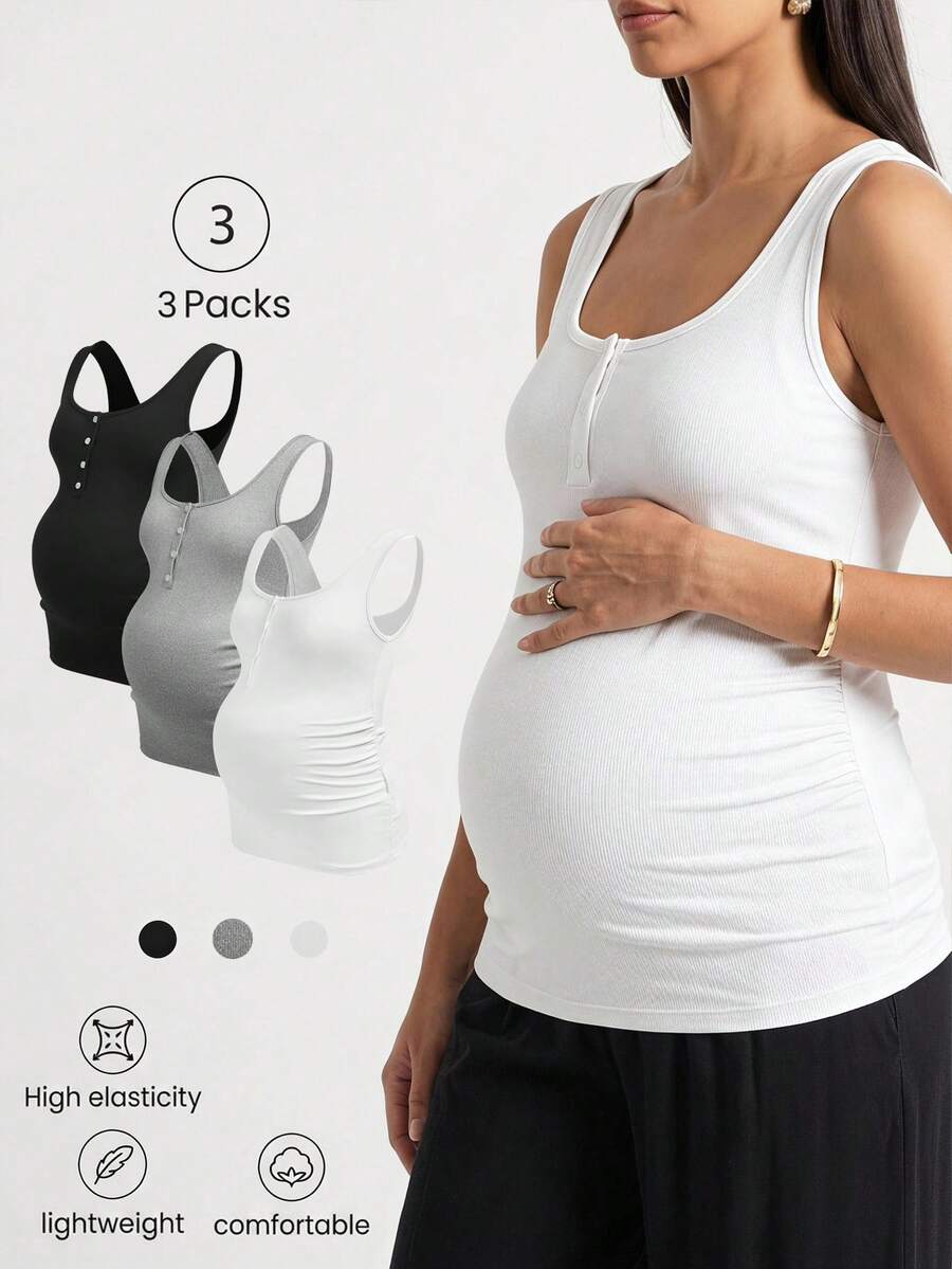 Modmama 3pcs/Set Maternity Solid Color Pleated Nursing Function Casual Simple Normal Lounge Versatile Daily Outing Tops Dates Post Partum White Summer - Multicolor - View 1