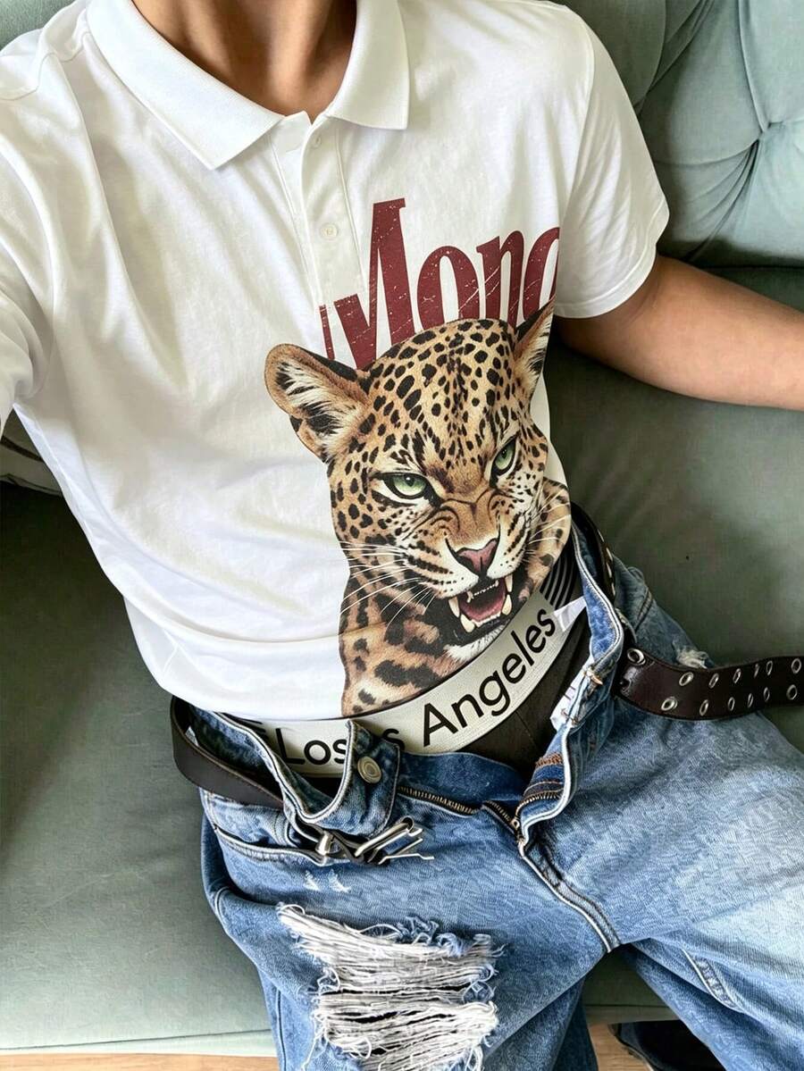 Resyla Men Men's Summer Casual Streetwear Graphic Leopard Print Polo Shirt Vacation Holiday White - Apricot - View 1