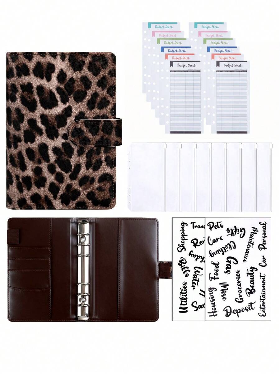 1PC A6 Leopard Print Zipper Planner - PU Leather Budget Binder With Cash Pocket, Expense Tracker Notebook, Travel Organizer, Multi-Functional Ring Notebook For Travel & Office-Coffee Brown - Coffee Brown - View 1