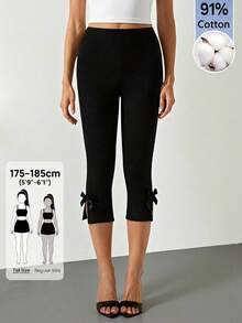 SHEIN Tall 女款純色蝴蝶結裝飾休閒百搭日常穿著緊身內搭褲 - 黑色 - 查看 4