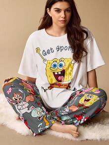 SpongeBob SquarePants | SHEIN 大尺碼可愛卡通印花圓領上衣與寬鬆長褲睡衣套裝 - 灰色 - 查看 1