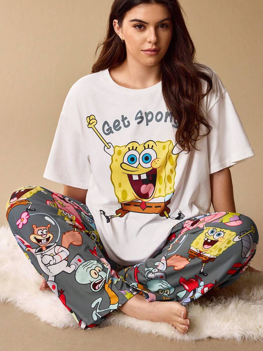 SpongeBob SquarePants | SHEIN 大尺碼可愛卡通印花圓領上衣與寬鬆長褲睡衣套裝 - 灰色 - 查看 1