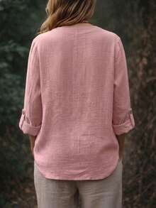 EMERY ROSE Women's Plus Size Autumn Fashion Casual Solid Color V-Neck Button Long Sleeve Blouse, Suitable For Commuting, Outings And Daily Wear Fall - Dusty Pink - View 2