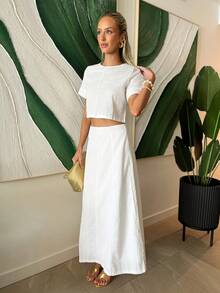 Brooke Lily Frühlings- und Sommer-Set aus weißem Crop Top und A-Linien Minirock, lässiger Urlaubsstrand-Stil, elegant für den Arbeitsweg, geeignet für Valentinstag, Hochzeits-Loungewear-Sets für Frauen - Weiss - Übersicht 5