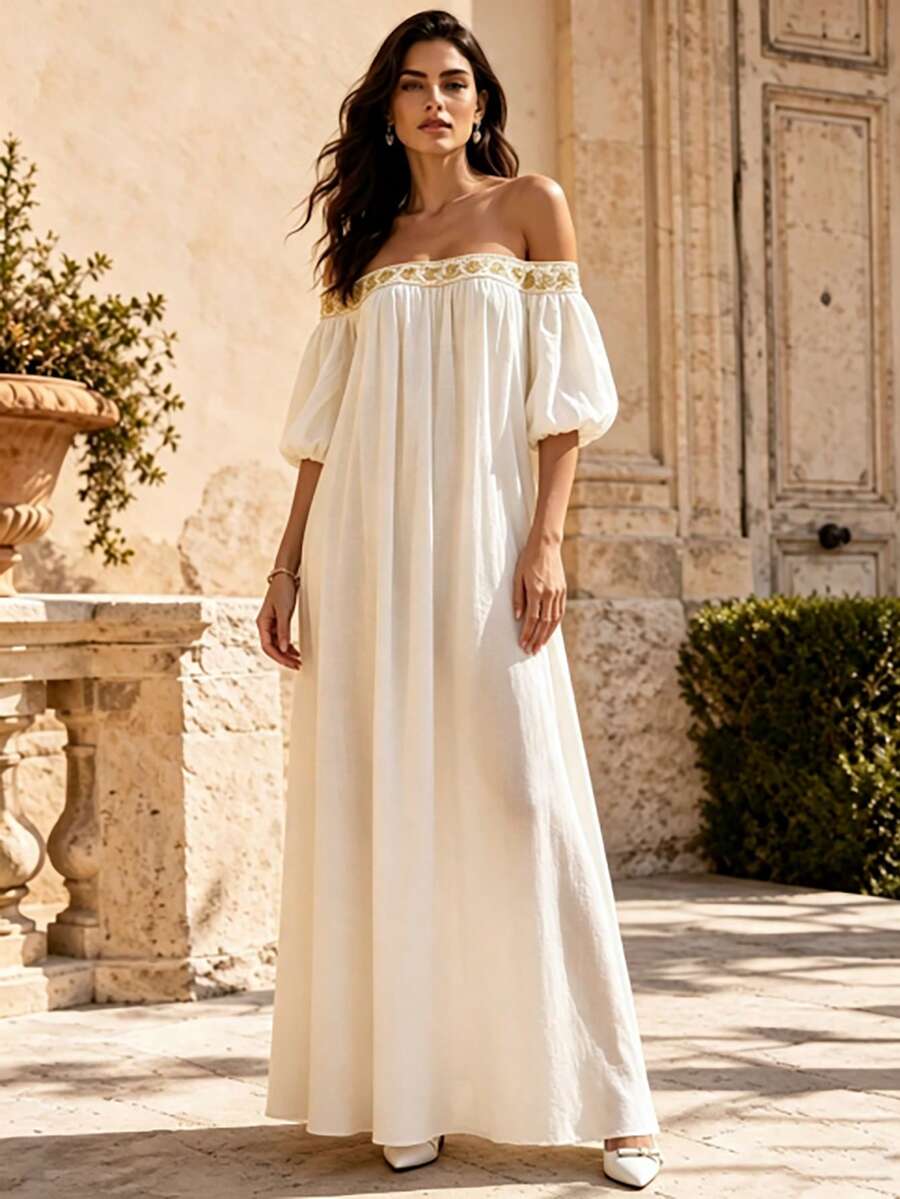 Hotletica Women's Solid Color Patchwork Lace Trim Square Neck Long Dress Wedding Vacation White And Gold Summer Tropical Elegant - Apricot - View 1
