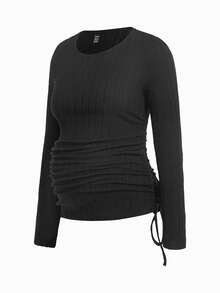 Modmama Maternity Casual Baggy Smart Versatile Solid Color Side Drawstring T-Shirt Winter Formal Vacation Photoshoot Black Grey Lilac - Apricot - View 6
