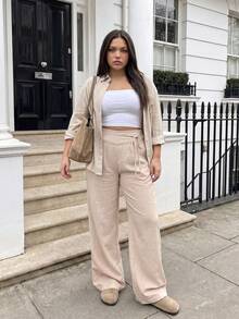 Comfortcana Spring/Summer Solid Color Waist Tie Vacation Casual Plus Size Women's Wide Leg Long Pants Fall - Khaki - View 5