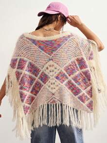 Bohemela Women's Plaid Asymmetric Neck Asymmetric Hem Shawl Sweater With Tassels Everyday Travel Beige Summer Boho - Multicolor - View 6