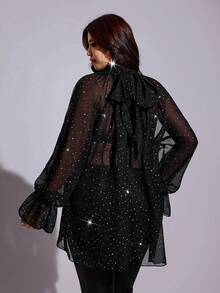Viva Relle Blus Fashion Lengan Panjang Off-Shoulder Jala Rhinestone untuk Wanita Ukuran Plus - Hitam - View 6