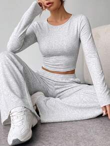 SHEIN Tall 女款秋季休閒長袖上衣與長褲兩件套 - 灰色 - 查看 10