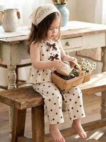 SHEIN Vintaside Kids Infant Baby Girl 2 Pieces Set Classic Beige Black Polka Dot Sleeveless Ruffle Top Wide-Leg Pants Skin-Friendly Fabric Summer Family Matching - Apricot - View 3