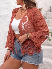 SHEIN VCAY Cardigan de punto calado para vacaciones talla grande - Rosa coral - Ver 4