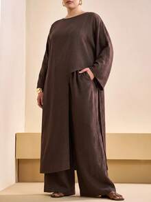 SHEIN Tall CURVE Bộ 2 món áo choàng dài màu trơn đa năng vạt bất đối xứng và quần ống rộng dáng suông có túi cho người size lớn - màu nâu - Xem 6