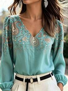 Breezaya Vintage Casual Printed Long Sleeve Shirt - Green - View 3