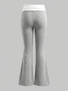 SHEIN 青少年女孩拼色休閒日常喇叭腿長褲 - 淺灰色 - 查看 2