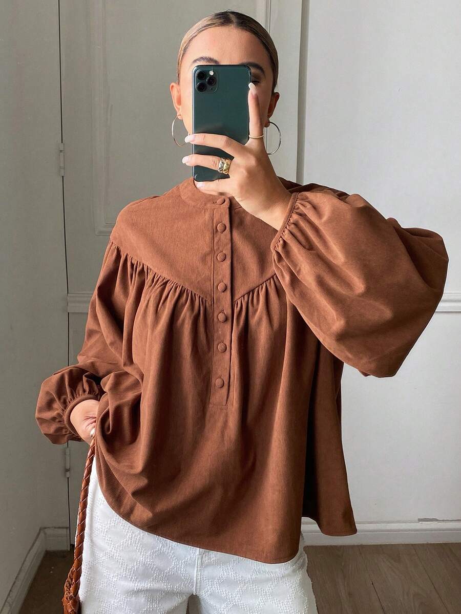 DAZY Solid Color Loose Corduroy Top, Round Neck Long Sleeve Ruched Casual Vacation Spring Autumn Women's Blouse - Coffee Brown - View 1