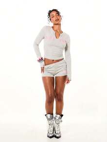 BABYPHAT Logo Ribbed Crop Top And Booty Shorts Co-Ord Set With Heart Detail And Pink Bow Trim - Grey - View 6