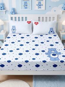 SHEIN X Care Bears 3-Piece Mattress Set, Cartoon Bear Pattern On Blue Background, Cartoon Character Decoration, Cute Pattern, Suitable For Room Decoration, Microfiber Material, Machine Washable, Multi-Season Application - Blue - View 4