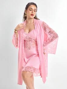 Slumbrini Setelan 2 Potong Gaun Tidur Satin Mengkilap Patchwork Renda Merah Muda untuk Wanita Ukuran Plus dengan Ikat Pinggang, Pakaian Santai - Berwarna merah muda - View 11