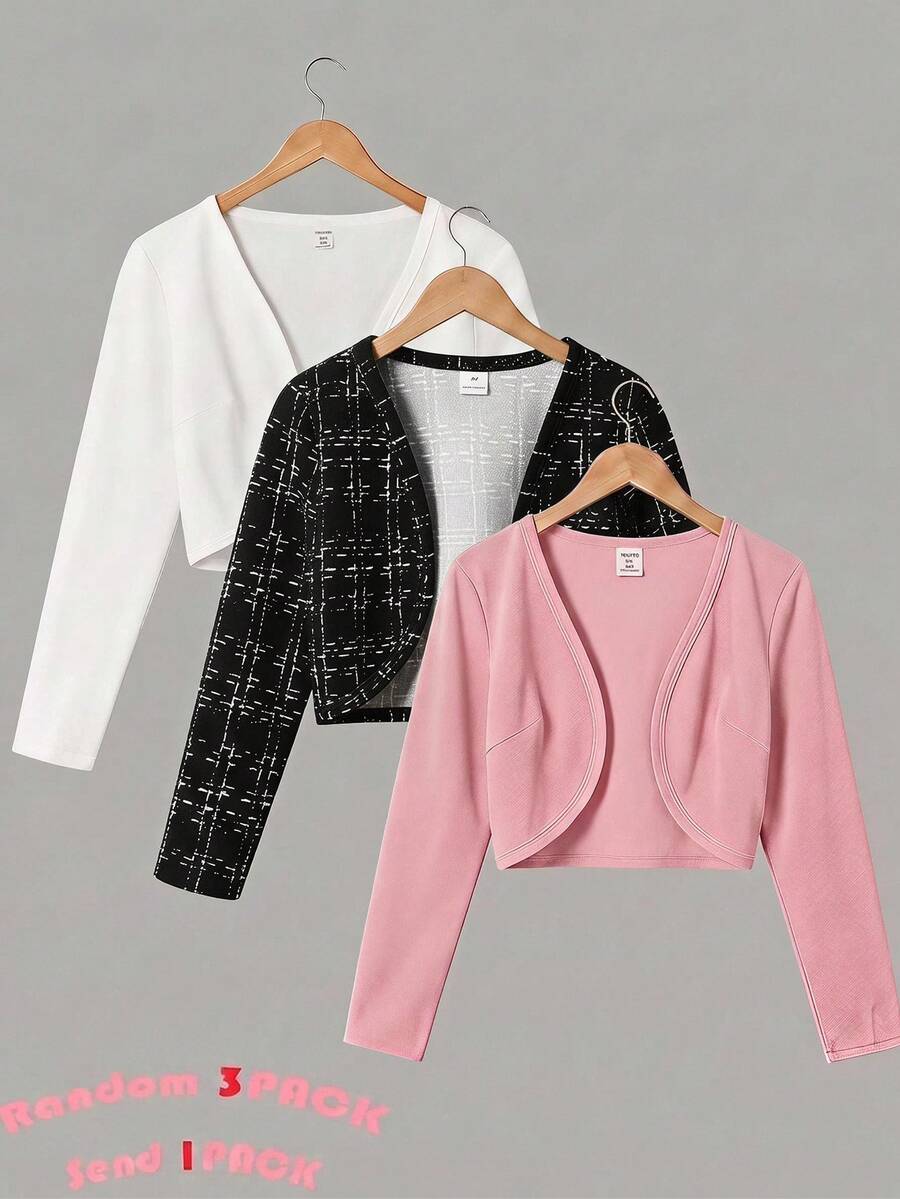 SHEIN 少女格紋休閒百搭日常旅行長袖開襟外套 - 黑色 - 查看 1