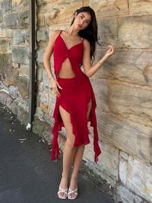 AmyJordy 2件組女款度假性感扭結細肩帶上衣與不對稱荷葉邊裙套裝 新年禮服 派對優雅紅裙 夏季洋裝 - 紅色 - 查看 6