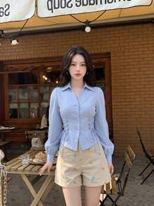 SHEIN MOD 女款純色翻領單排扣領結設計休閒百搭日常穿著燈籠袖襯衫 - 藍色 - 查看 6