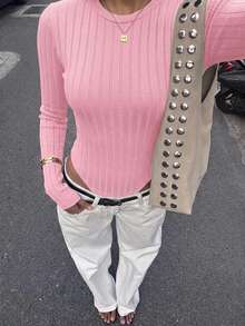 Siren Gaze 1pc Casual Minimalist Solid Color Knit Bodysuit, Autumn Winter Thanks Giving Pink - Baby Pink - View 2