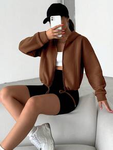 WovenCharm Drop Shoulder Drawstring Hem Zip Up Hoodie - Coffee Brown - View 6