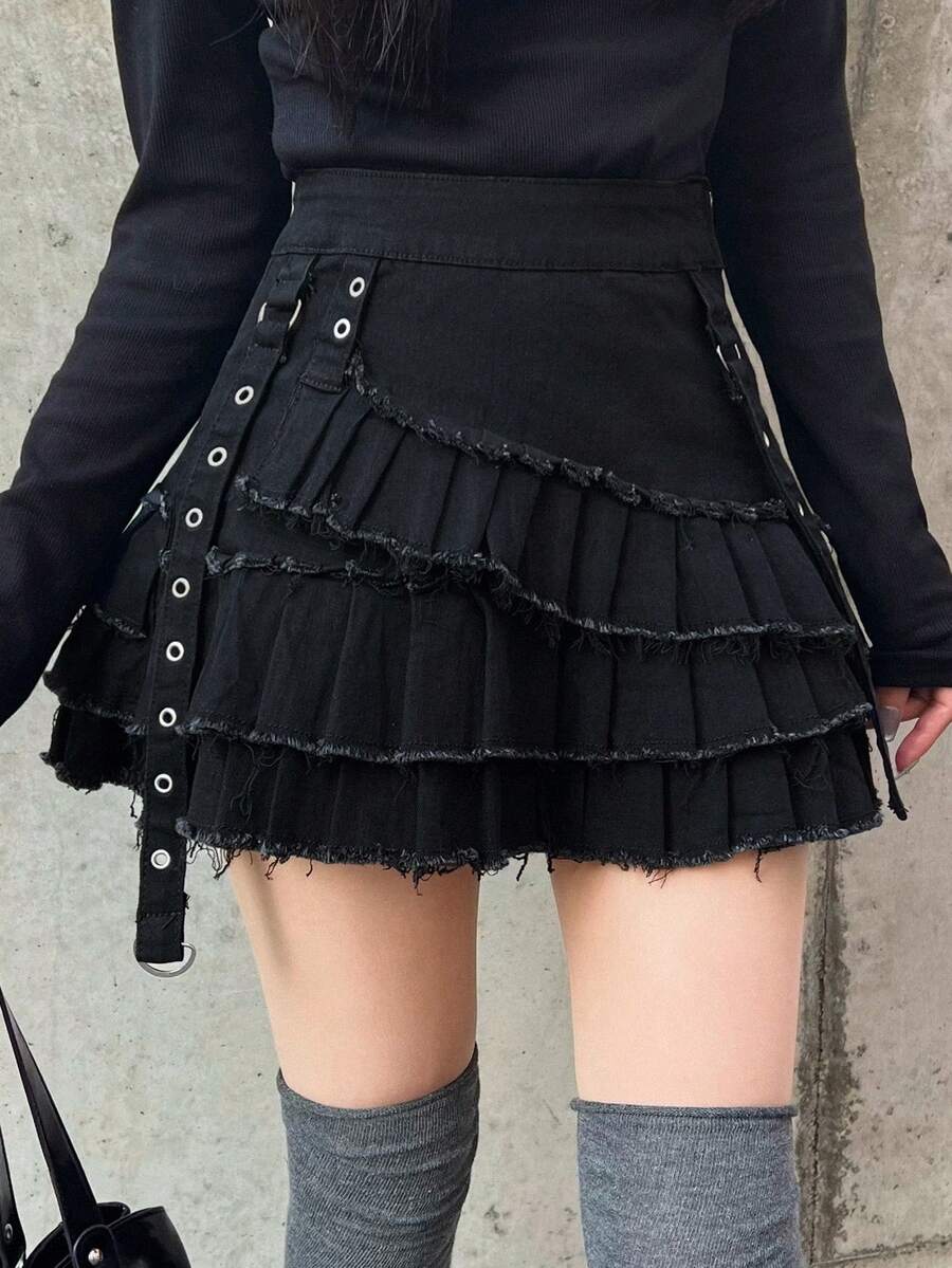 FRIFUL Women's Raw Hem Pleated Casual Goth Versatile Daily Denim Mini Skirt Night Out Black Summer - Black - View 1