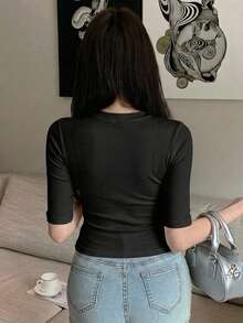 DAZY 女款素色修身百搭休閒T恤 - 黑色 - 查看 3