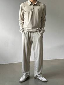DAZY Spring/Autumn Solid Apricot Polo Top & Elastic Waist Long Pants Commuter Men's T-Shirt Set - Apricot - View 3