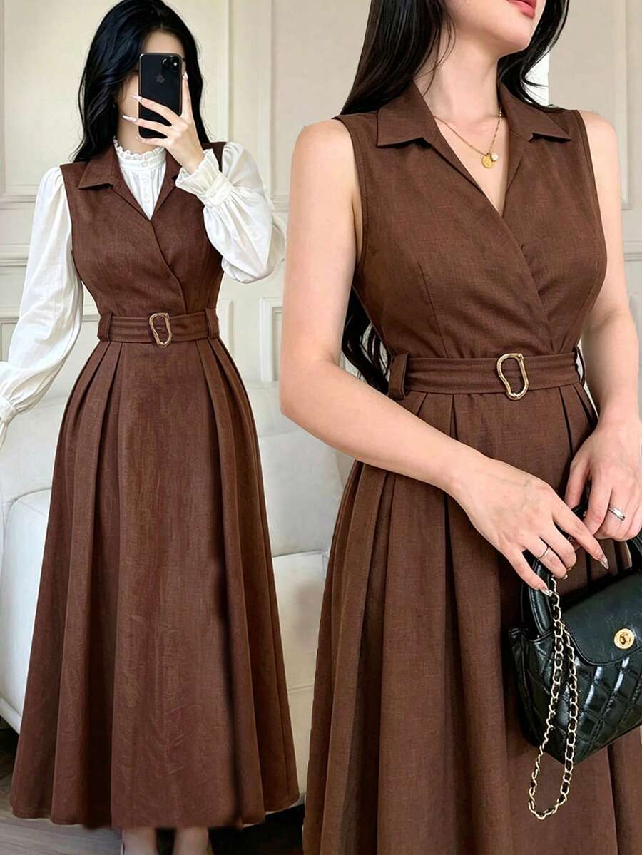 Celisse Women's Button-Front Cinched Waist Metal Buckle Tie-Front Midi Dress, Elegant Commuter Party Style For Spring And Autumn - Brown - View 1
